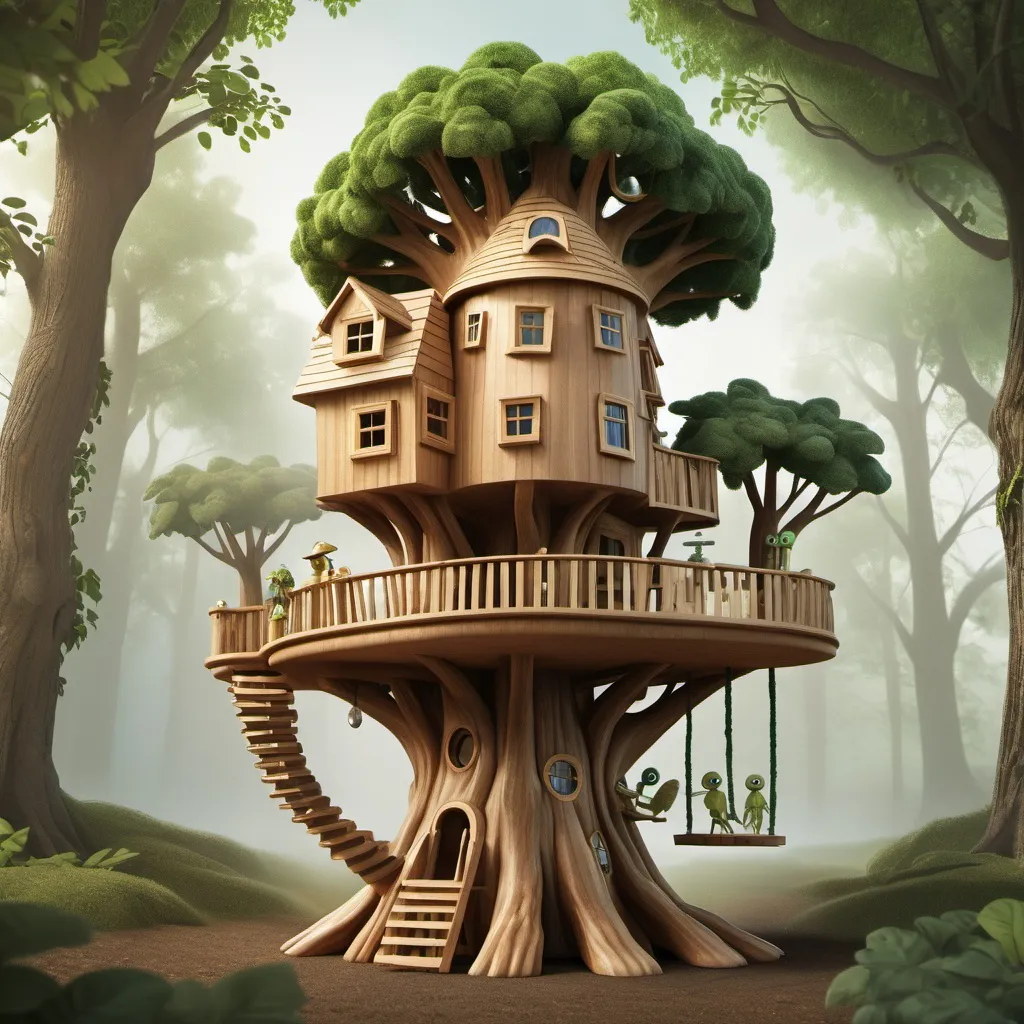 Prompt: create a treehouse and wood aliens