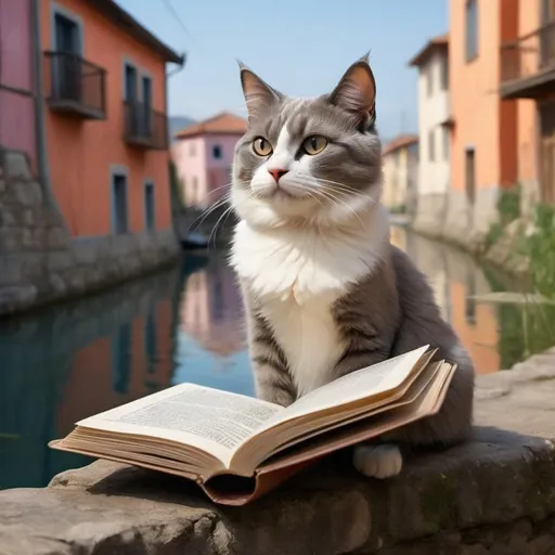 Prompt: A CAT READING ABOUT AT VARIOUS SCENIC LOCATIONS