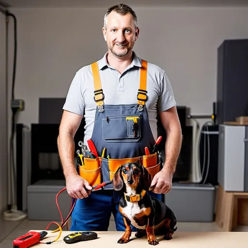 Prompt: An electrician working with a sausage dog in his toolbelt
