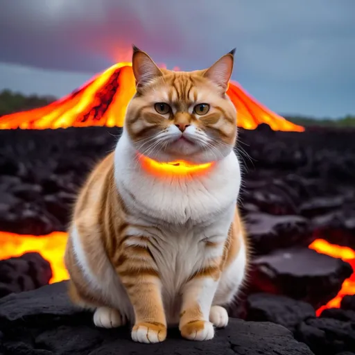 Prompt: fette indische katze sitzt auf glühender lava in ohio