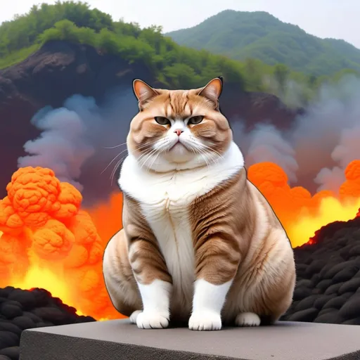 Prompt: fette indische katze sitzt auf glühender lava nord korea mit kim jongun und kpop stars