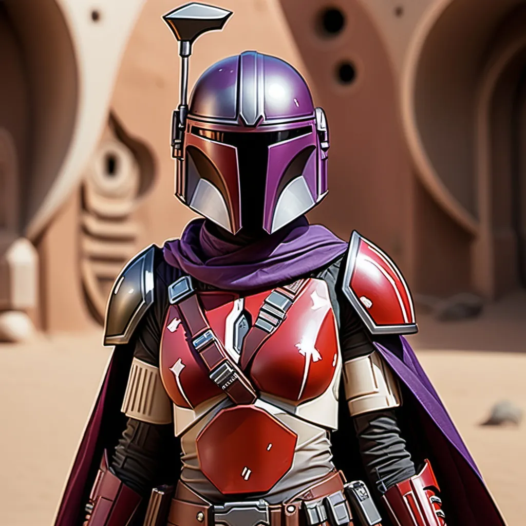 Prompt: Mandalorian female wearing red armor with purple trim and geometric patterns on the helmet. Black cape over one shoulder and down to knees. Blaster pistol in right hand.