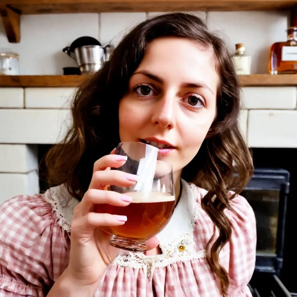 Prompt: A woman with long brown hair and fringe, wearing a (warm and soft) pink and white country style dress, drinking cognac in a country style kitchen 