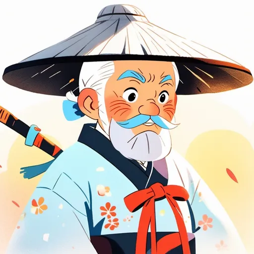 Prompt: (3D cartoon character), Old Samurai Warrior, elderly asian man, oversized features, white eyebrows, white beard, white hair, all-white clothing, pastel blue bow tie around the neck, wide-brimmed white straw samurai hat, whimsical and cute style, dynamic pose, vibrant atmosphere, exaggerated proportions, detailed textures, captivating eyes, bright and inviting color palette, high-quality render, on a white background, diffused lighting, centered.