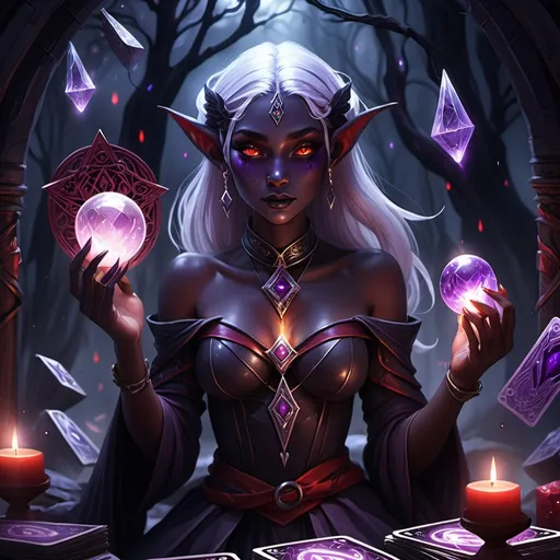 Prompt: tarot card Anime illustration, fantasy, female drow elf witch, magical ambiance, (dark obsidian skin), (glowing eyes), (oracle), (tarot card deck), adorned with red and purple accessories, holding a crystal quarterstaff, surrounded by wild oracle cards, tarot cards floating around, (mysterious atmosphere), ethereal lighting, enchanting vibe