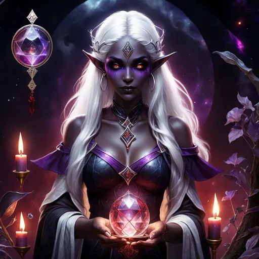 Prompt: tarot card illustration, fantasy, female drow elf witch, magical ambiance, (dark obsidian skin), (glowing eyes), (white hair), (oracle), (tarot card deck), adorned with red and purple accessories, holding a crystal quarterstaff, surrounded by wild oracle cards, tarot cards floating around, (mysterious atmosphere), ethereal lighting, enchanting vibe