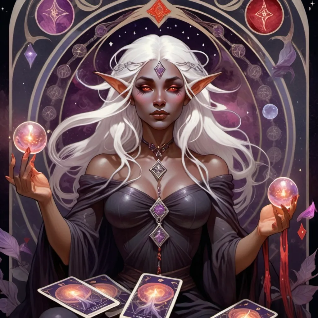 Prompt: tarot card illustration, fantasy, female drow elf witch, magical ambiance, (dark obsidian skin), (glowing eyes), (long white hair), (oracle), (tarot card deck), adorned with red and purple accessories, holding a crystal quarterstaff, surrounded by wild oracle cards, tarot cards floating around, (mysterious atmosphere), ethereal lighting, enchanting vibe