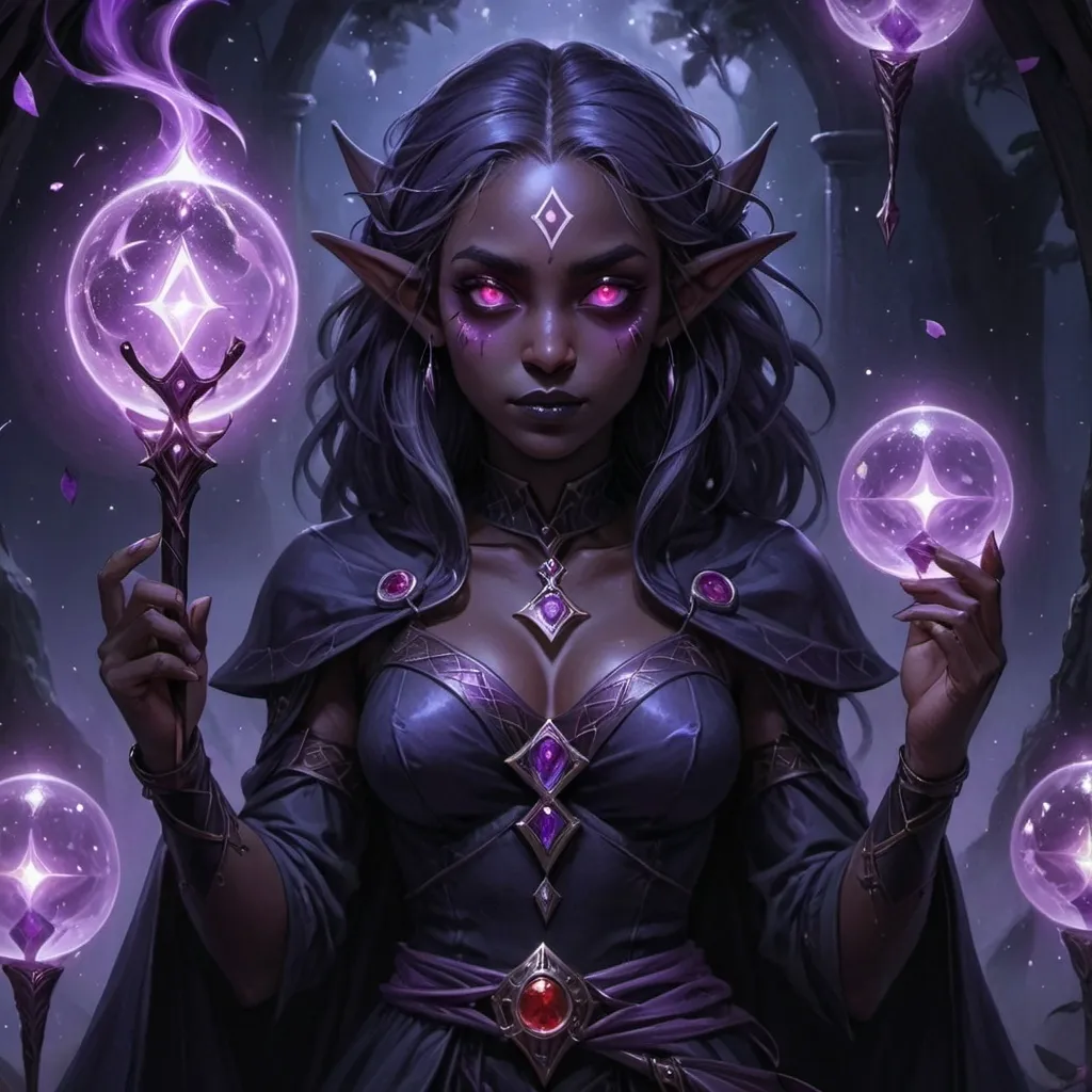 Prompt: tarot card Anime illustration, fantasy, female drow elf witch, magical ambiance, (dark obsidian skin), (glowing eyes), (oracle), (tarot card deck), adorned with red and purple accessories, holding a crystal quarterstaff, surrounded by wild oracle cards, tarot cards floating around, (mysterious atmosphere), ethereal lighting, enchanting vibe