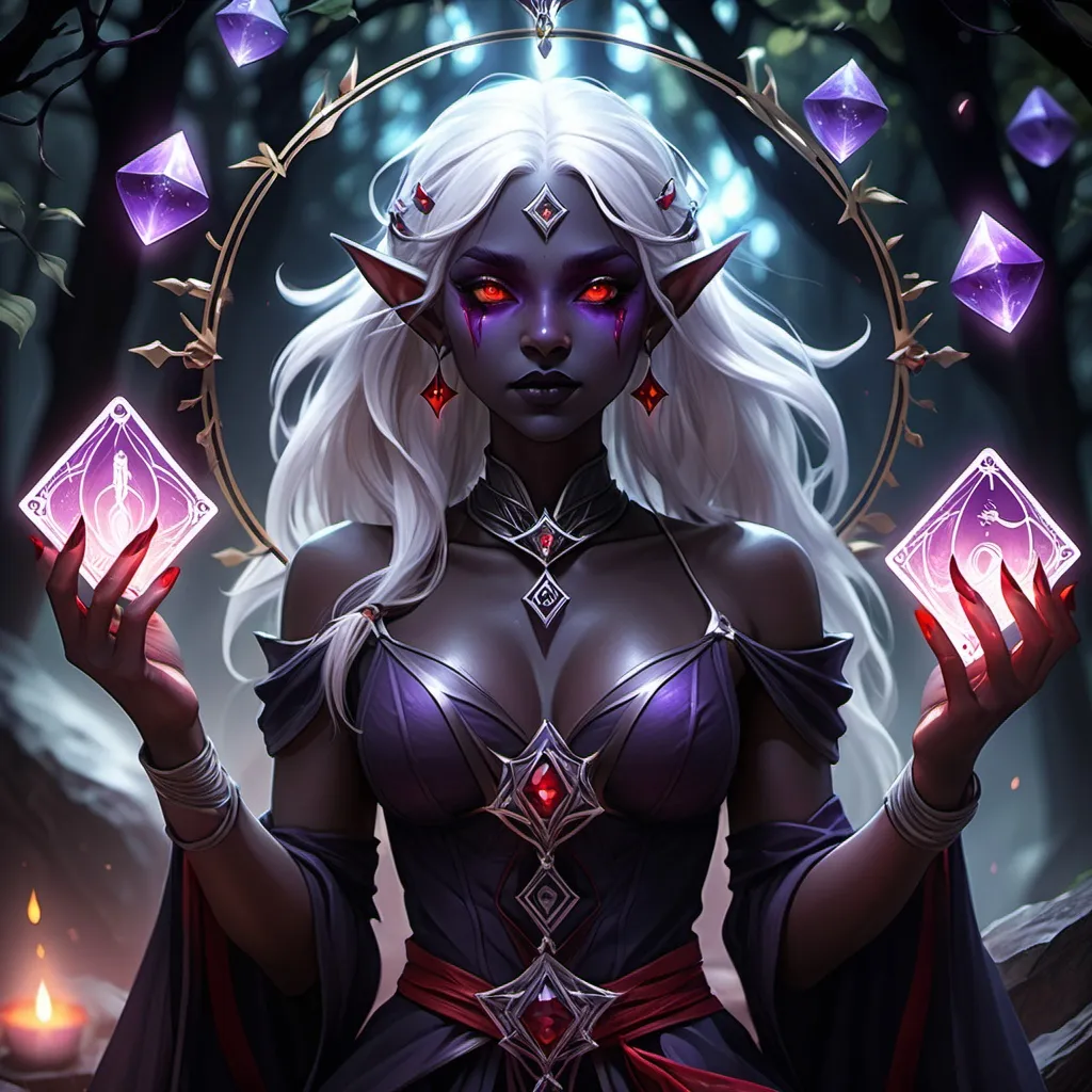 Prompt: tarot card Anime illustration, fantasy, female drow elf witch, magical ambiance, (dark obsidian skin), (glowing eyes), (white hair), (oracle), (tarot card deck), adorned with red and purple accessories, holding a crystal quarterstaff, surrounded by wild oracle cards, tarot cards floating around, (mysterious atmosphere), ethereal lighting, enchanting vibe