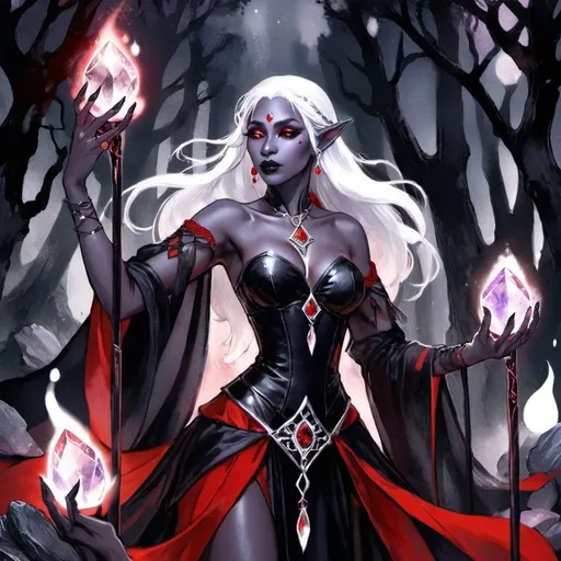 Prompt: tarot card Anime illustration, fantasy, female drow elf witch, magical ambiance, (dark obsidian skin), (glowing eyes), (white hair), (oracle), (tarot card deck), adorned with red and purple accessories, holding a crystal quarterstaff, surrounded by wild oracle cards, tarot cards floating around, (mysterious atmosphere), ethereal lighting, enchanting vibe