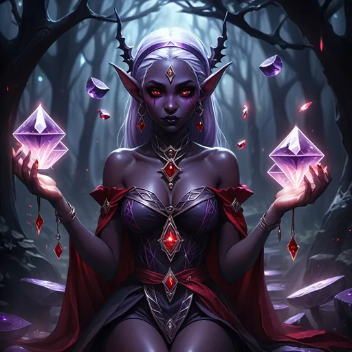 Prompt: tarot card Anime illustration, fantasy, female drow elf witch, magical ambiance, (dark obsidian skin), (glowing eyes), (oracle), (tarot card deck), adorned with red and purple accessories, holding a crystal quarterstaff, surrounded by wild oracle cards, tarot cards floating around, (mysterious atmosphere), ethereal lighting, enchanting vibe