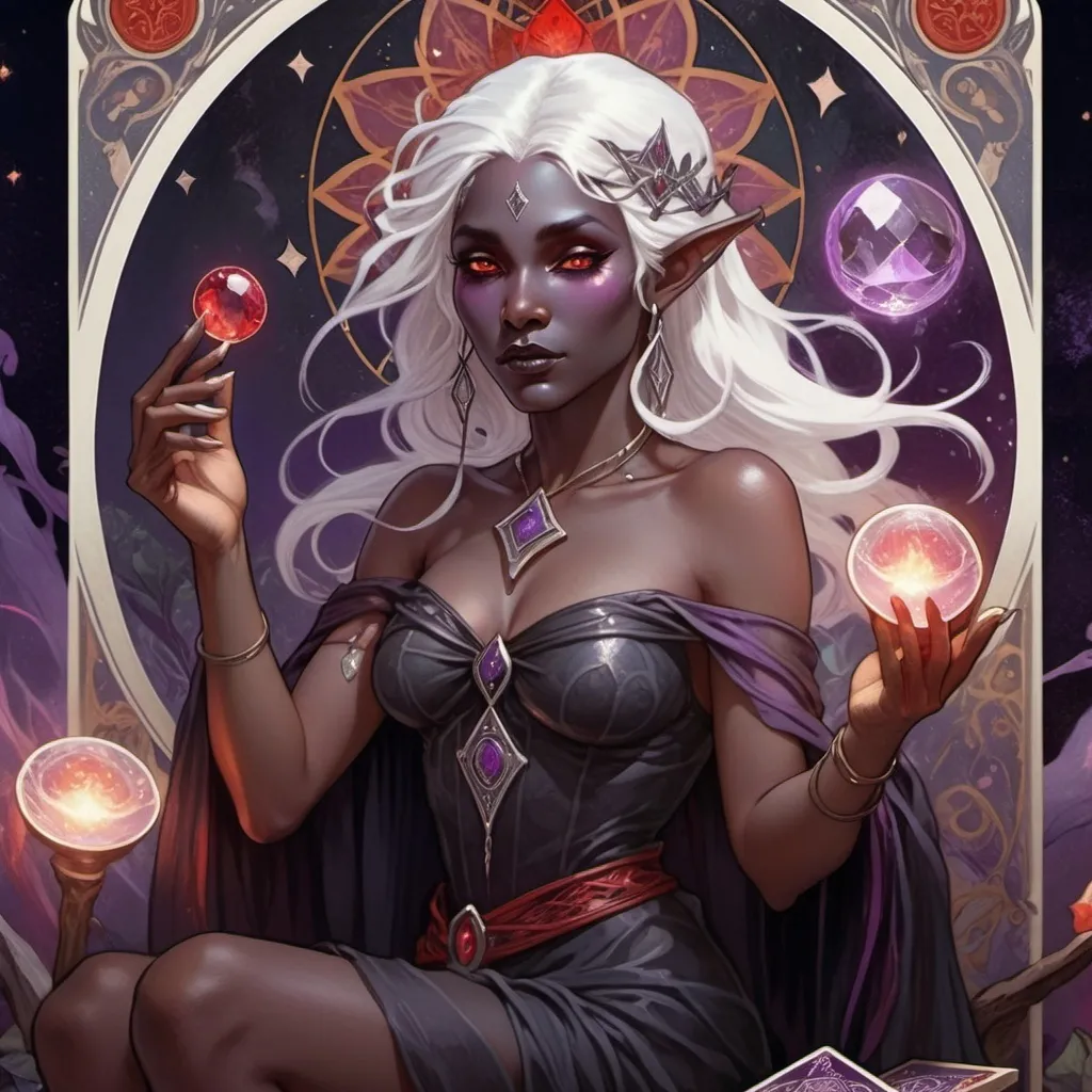 Prompt: tarot card illustration, fantasy, female drow elf witch, magical ambiance, (dark obsidian skin), (glowing eyes), (white hair), (oracle), (tarot card deck), adorned with red and purple accessories, holding a crystal quarterstaff, surrounded by wild oracle cards, tarot cards floating around, (mysterious atmosphere), ethereal lighting, enchanting vibe