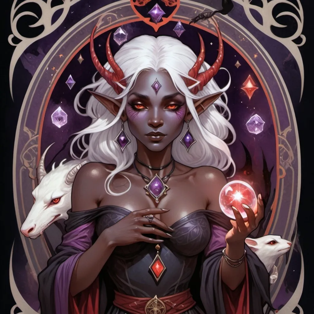 Prompt: tarot card illustration, fantasy, female drow elf, dark elf, a wild oracle, witch, magical ambiance, (dark obsidian skin), (deep obsidian skin tone), (glowing eyes), (white hair), (pseudodragon familiar pet), red magic witch, fate of chaos oracle, adorned with red and purple accessories, holding a crystal quarterstaff, surrounded by tarot cards, holding an oracle deck, (mysterious atmosphere), ethereal lighting, enchanting vibe