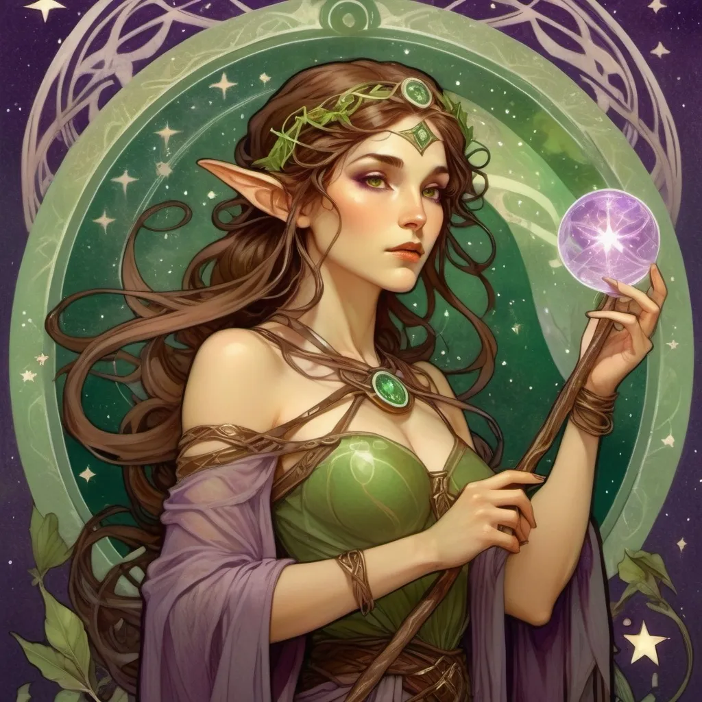 Prompt: tarot card illustration, fantasy, female high elf, druid, magical ambiance, (olive skin), (purple eyes), (brown hair), (snake), circle of the stars druid, adorned with green and brown accessories, holding a green crystal quarterstaff, surrounded by stars, (mysterious atmosphere), ethereal lighting, enchanting vibe