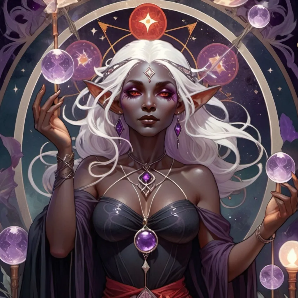 Prompt: tarot card illustration, fantasy, female drow elf witch, magical ambiance, (dark obsidian skin), (glowing eyes), (white hair), (oracle), (tarot card deck), adorned with red and purple accessories, holding a crystal quarterstaff, surrounded by wild oracle cards, tarot cards floating around, (mysterious atmosphere), ethereal lighting, enchanting vibe