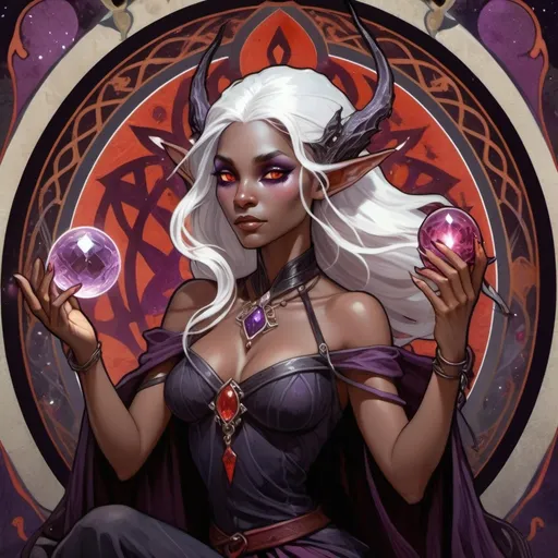 Prompt: tarot card illustration, fantasy, female drow elf, dark elf, a wild oracle, witch, magical ambiance, (dark obsidian skin), (deep obsidian skin tone), (glowing eyes), (white hair), (pseudodragon familiar pet), red magic witch, fate of chaos oracle, adorned with red and purple accessories, holding a crystal quarterstaff, surrounded by tarot cards, holding an oracle deck, (mysterious atmosphere), ethereal lighting, enchanting vibe