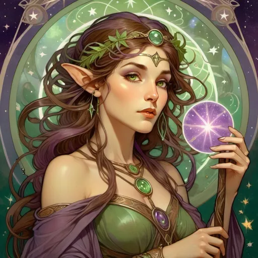 Prompt: tarot card illustration, fantasy, female high elf, druid, magical ambiance, (olive skin), (purple eyes), (brown hair), (snake familiar), circle of the stars druid, adorned with green and brown accessories, holding a green crystal quarterstaff, surrounded by stars, (mysterious atmosphere), ethereal lighting, enchanting vibe