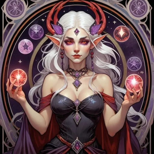 Prompt: tarot card illustration, fantasy, female drow elf, dark elf, a wild oracle, witch, magical ambiance, (dark obsidian skin), (glowing eyes), (white hair), (pseudodragon familiar pet), red magic witch, fate of chaos oracle, adorned with red and purple accessories, holding a crystal quarterstaff, surrounded by tarot cards, holding an oracle deck, (mysterious atmosphere), ethereal lighting, enchanting vibe