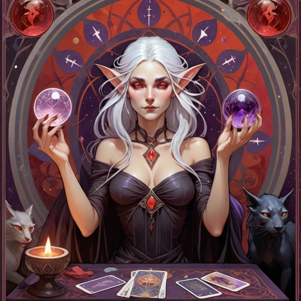 Prompt: tarot card illustration, fantasy, female drow elf, dark elf, a wild oracle, witch, magical ambiance, (dark obsidian skin), (glowing eyes), (white hair), (pseudodragon familiar pet), red magic witch, fate of chaos oracle, adorned with red and purple accessories, holding a crystal quarterstaff, surrounded by tarot cards, holding an oracle deck, (mysterious atmosphere), ethereal lighting, enchanting vibe