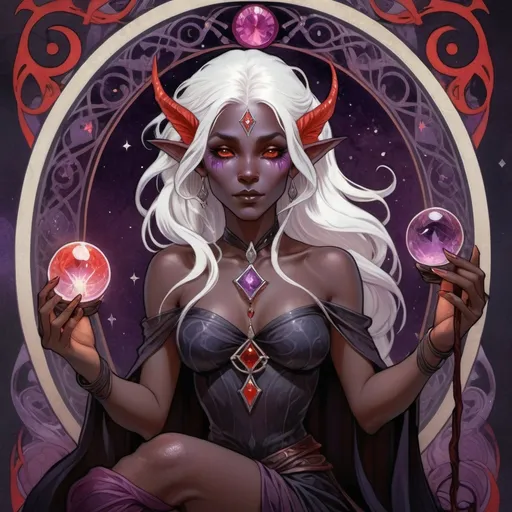 Prompt: tarot card illustration, fantasy, female drow elf, dark elf, a wild oracle, witch, magical ambiance, (dark obsidian skin), (deep obsidian skin tone), (glowing eyes), (white hair), (pseudodragon familiar pet), red magic witch, fate of chaos oracle, adorned with red and purple accessories, holding a crystal quarterstaff, surrounded by tarot cards, holding an oracle deck, (mysterious atmosphere), ethereal lighting, enchanting vibe