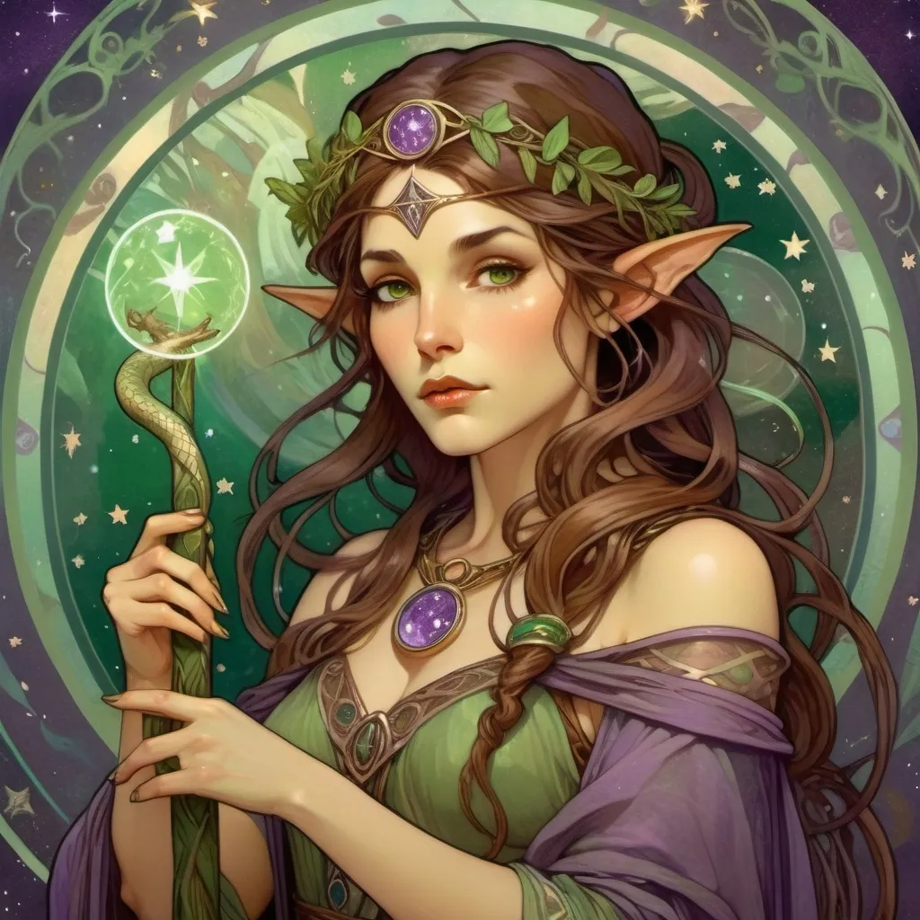 Prompt: tarot card illustration, fantasy, female high elf, druid, magical ambiance, (olive skin), (purple eyes), (brown hair), (snake familiar pet), circle of the stars druid, adorned with green and brown accessories, holding a green crystal quarterstaff, surrounded by stars, (mysterious atmosphere), ethereal lighting, enchanting vibe