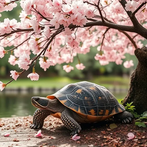 Prompt: turtle under a cherry blossom tree
