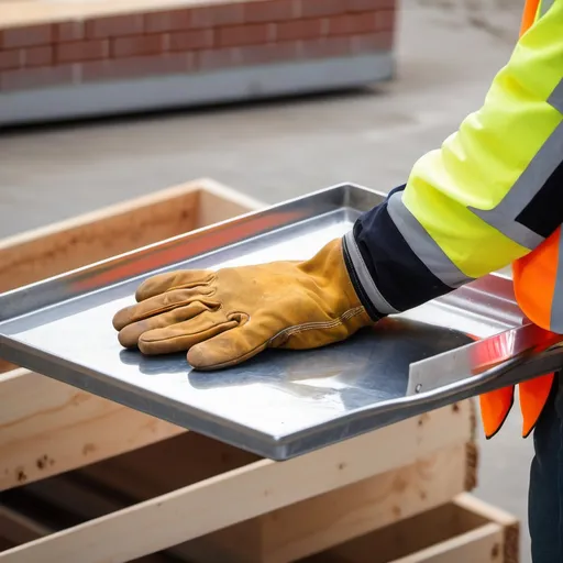 Prompt: A construction worker's hand wearing gloves gesturing to hold a tray