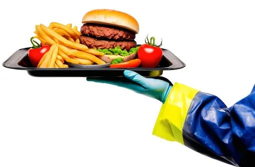 Prompt: A construction worker's hand wearing gloves lifting a tray of food like the picture below