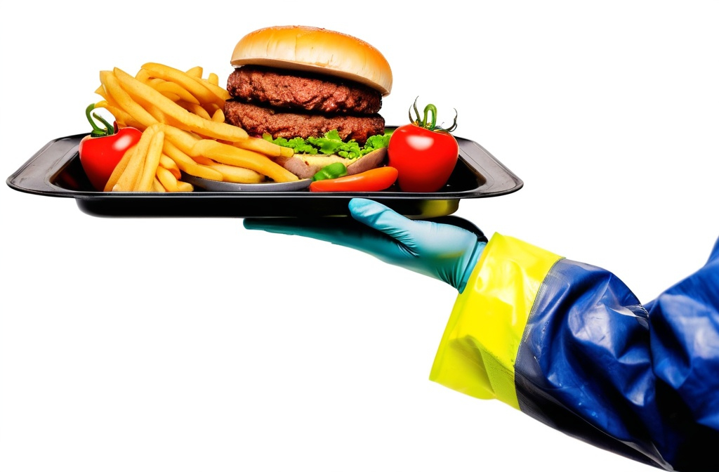 Prompt: A construction worker's hand wearing gloves lifting a tray of food like the picture below