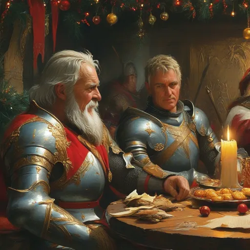 Prompt: King Arthur is celebrating Christmas with his knights of the Round Table