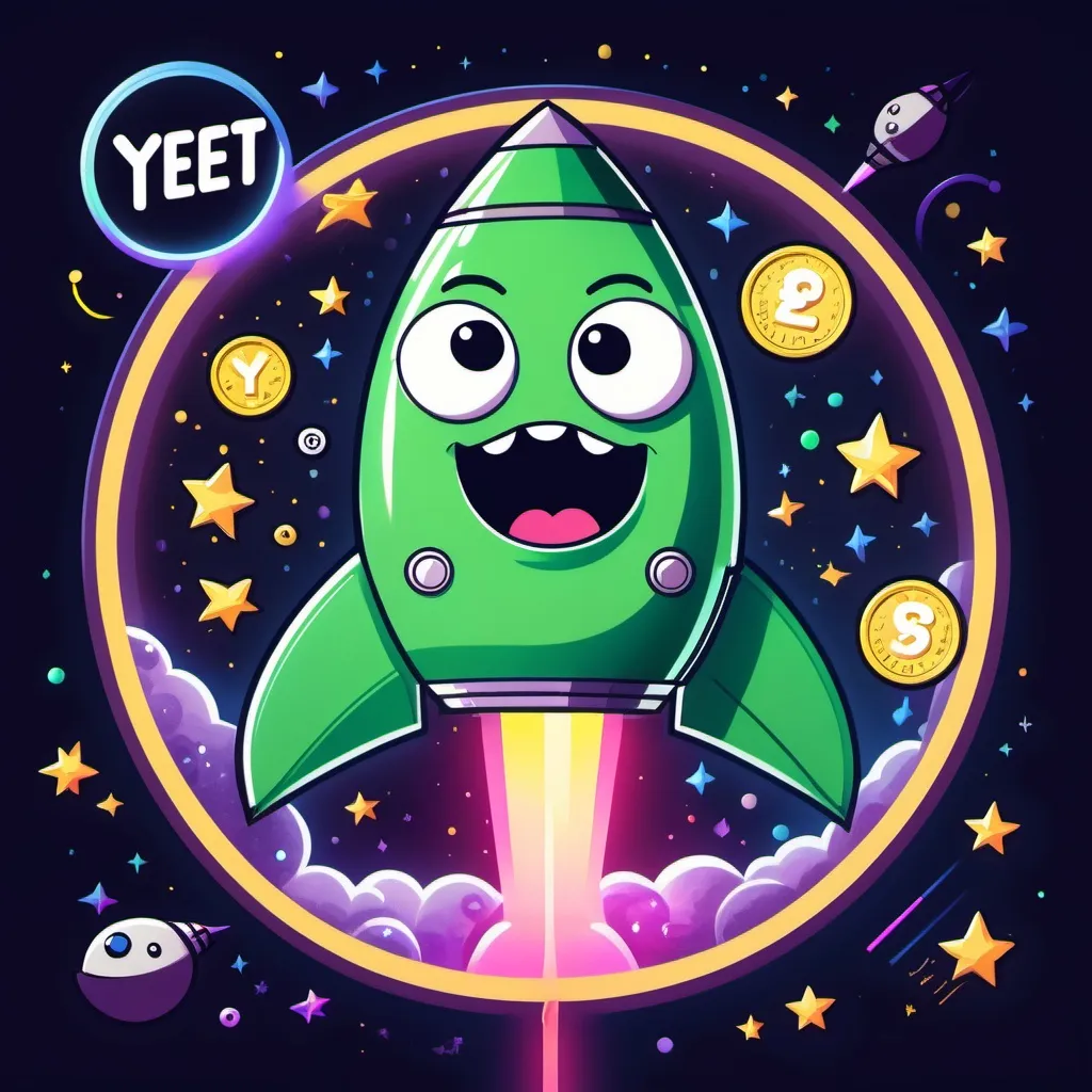 Prompt: "A very visible cartoon coin called 'Yeet' on a real token with googly eyes being launched into space on a rocket, surrounded by neon lights and shooting stars." I would  like to use gold for the coin color and lots of bright greens
