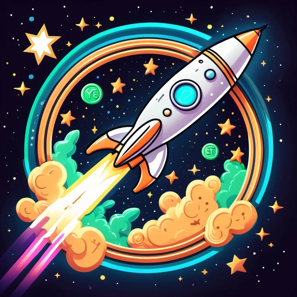 Prompt: "A very visible cartoon coin called 'Yeet' on a real token with googly eyes being launched into space on a rocket, surrounded by neon lights and shooting stars." I would  like to use gold for the coin color and lots of bright greens
