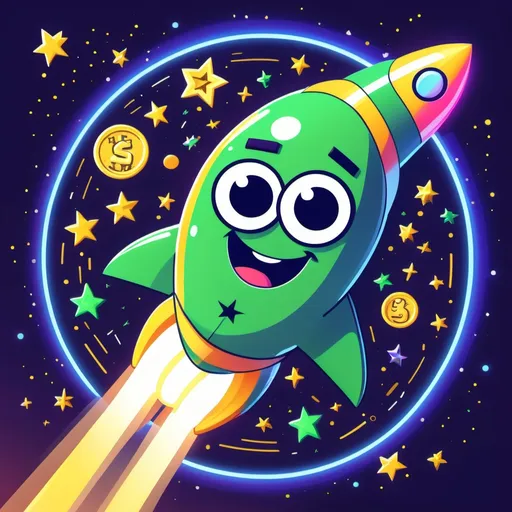 Prompt: "A very visible cartoon coin called 'Yeet' on a real token with googly eyes being launched into space on a rocket, surrounded by neon lights and shooting stars." I would  like to use gold for the coin color and lots of bright greens
