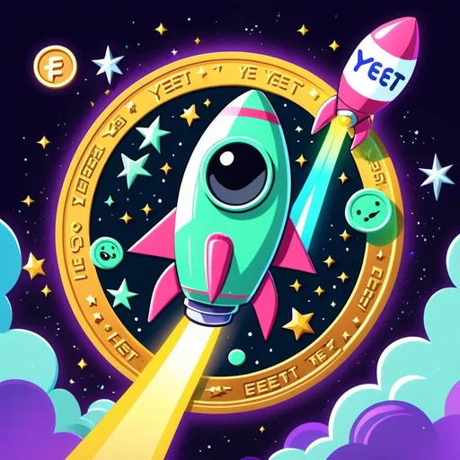 Prompt: "A very visible cartoon coin called 'Yeet' on a real token with googly eyes being launched into space on a rocket, surrounded by neon lights and shooting stars." I would  like to use gold for the coin color and lots of bright greens - Can you create an official logo for YEET Coin

