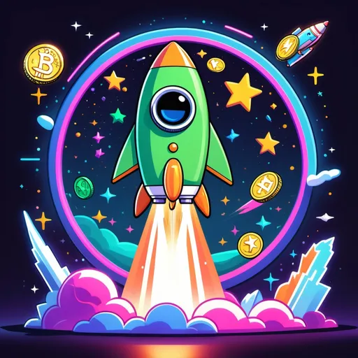 Prompt: "A very visible cartoon coin called 'Yeet' on a real token with googly eyes being launched into space on a rocket, surrounded by neon lights and shooting stars." I would  like to use gold for the coin color and lots of bright greens
