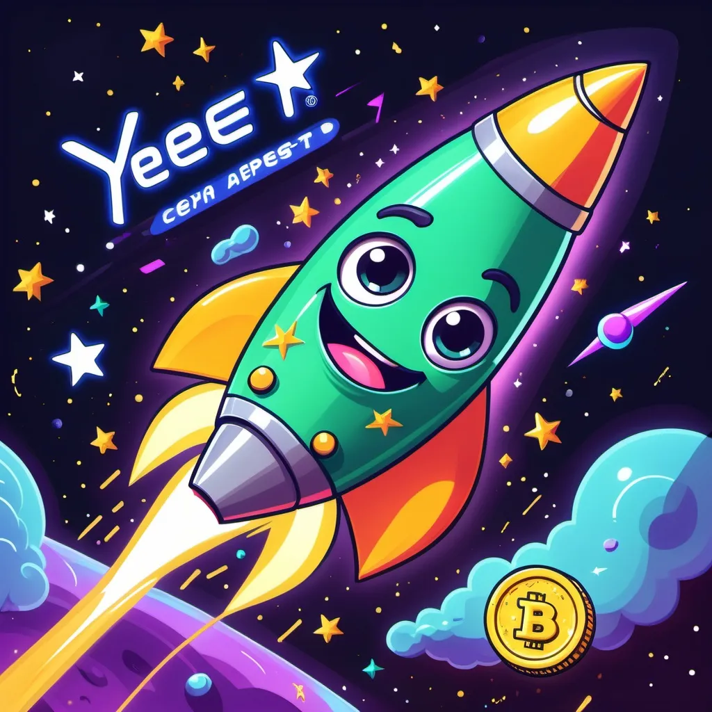 Prompt: "A very visible cartoon coin called 'Yeet' on a real token with googly eyes being launched into space on a rocket, surrounded by neon lights and shooting stars." I would  like to use gold for the coin color and lots of bright greens
