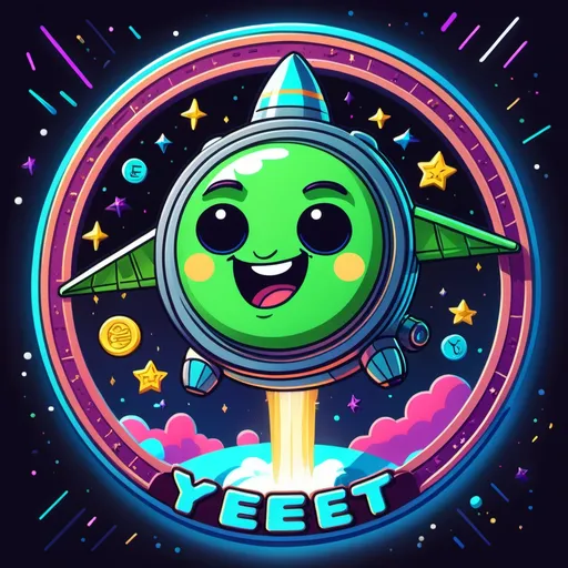 Prompt: "A very visible cartoon coin called 'Yeet' on a real token with googly eyes being launched into space on a rocket, surrounded by neon lights and shooting stars." I would  like to use gold for the coin color and lots of bright greens
