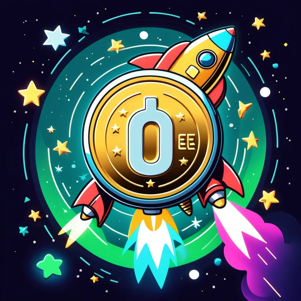 Prompt: "A very visible cartoon coin called 'Yeet' on a real token with googly eyes being launched into space on a rocket, surrounded by neon lights and shooting stars." I would  like to use gold for the coin color and lots of bright greens
