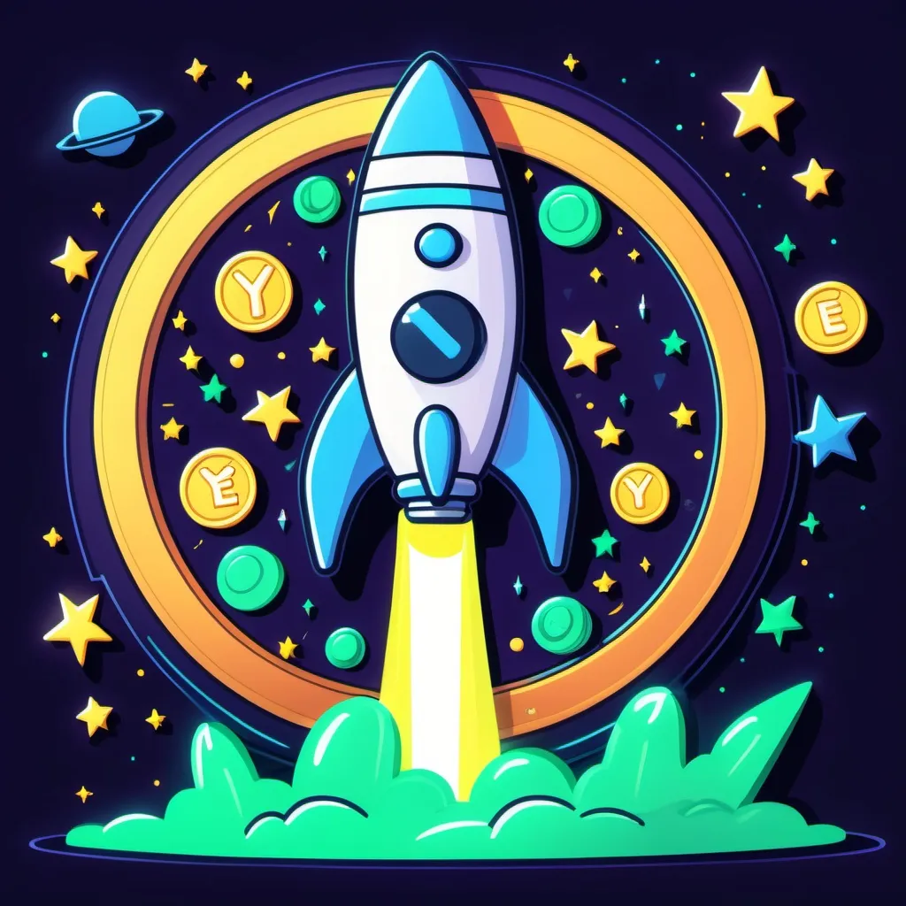 Prompt: "A very visible cartoon coin called 'Yeet' on a real token with googly eyes being launched into space on a rocket, surrounded by neon lights and shooting stars." I would  like to use gold for the coin color and lots of bright greens - Can you create an official logo for YEET Coin

