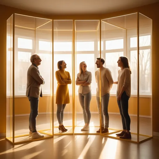 Prompt: 5 people stand in a large, sunlit room) in a cheerful atmosphere, conversing, laughing and joking.
Each person stands in one of five different transparent boxes spaced around the room. They feel at ease. A warm golden light pours through the window, Playful interaction (HD clarity).