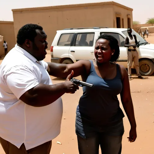 Prompt: a fat black guy pointing a gun at a lady in sudan