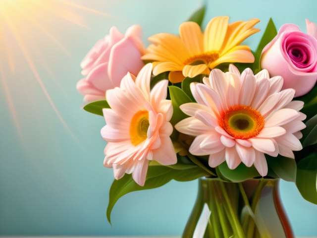 Prompt: Symbolic representation of Mother's Day, colorful floral arrangement, serene ambiance, gentle pastel hues, heartwarming atmosphere, elements of love and appreciation, cozy background, warm sunlight filtering through petals, ultra-detailed, evoking feelings of gratitude and connection, artistic bouquet composition, celebration of motherhood, inviting and cheerful vibes, exquisite detail, high quality.