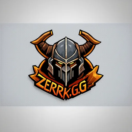 Prompt: A logo with "Zerk.GG" being the text, and the picture being an OldSchool Runescape Berserker helmet as the picture. Make me a logo