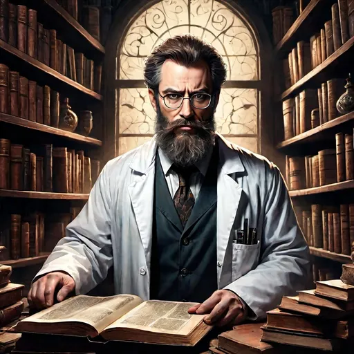 Prompt: adult man, brown hair, long well kept beard, lab coat, glasses, bookshelf background, sinister look, villainous, drawing artstyle,