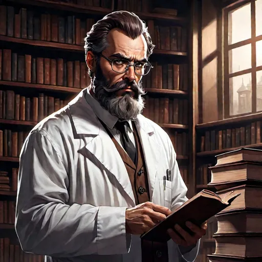 Prompt: adult man, brown hair, long well kept beard, brown beard, lab coat, glasses, bookshelf background, sinister look, villainous, drawing art style,