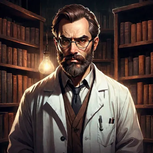 Prompt: adult man, brown hair, long well kept beard, brown beard, lab coat, glasses, bookshelf background, sinister look, villainous, drawing art style,