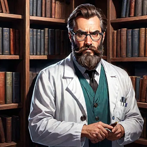 Prompt: adult man, brown hair, long well kept beard, brown beard, lab coat, glasses, bookshelf background, sinister look, villainous, drawing art style,