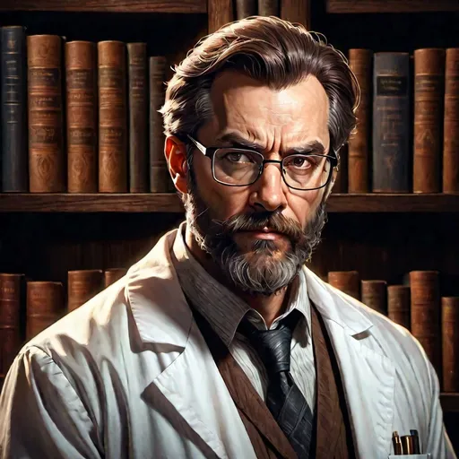 Prompt: adult man, brown hair, long well kept beard, brown beard, lab coat, glasses, bookshelf background, sinister look, villainous, drawing art style, facial view