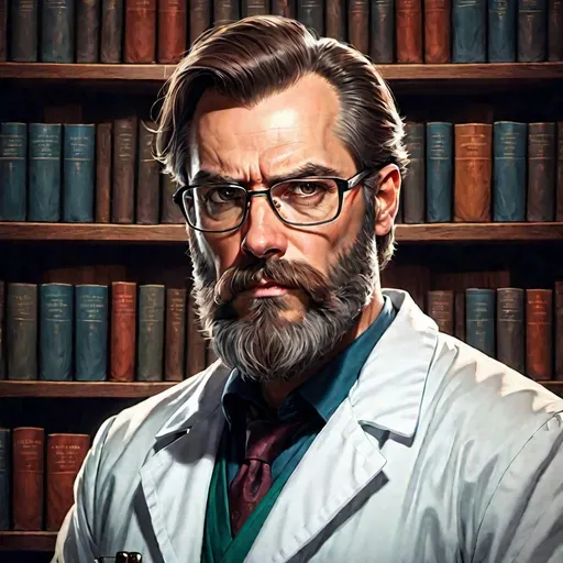 Prompt: adult man, brown hair, long well kept beard, lab coat, glasses, bookshelf background, sinister look, villainous, drawing artstyle,