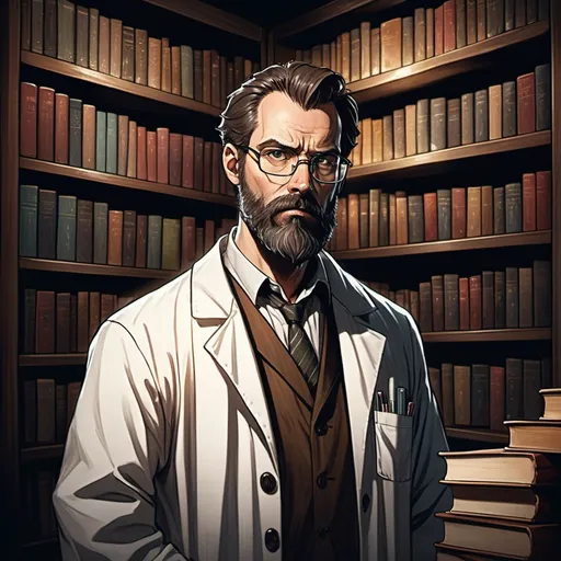 Prompt: adult man, brown hair, long well kept beard, lab coat, glasses, bookshelf background, sinister look, drawing style,